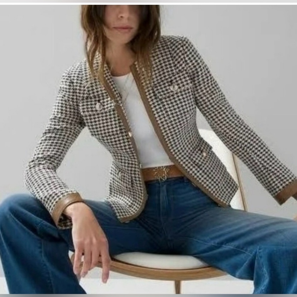 New WHBM Stylist Houndstooth Jacket in Black and Caramel Faux Leather Trim- Sz 4